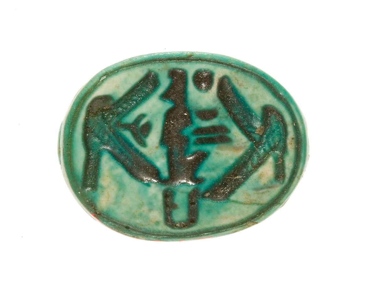 Scarab Inscribed Lord of the Two Lands Maatkare Flanked by Falcons, Steatite (glazed) 