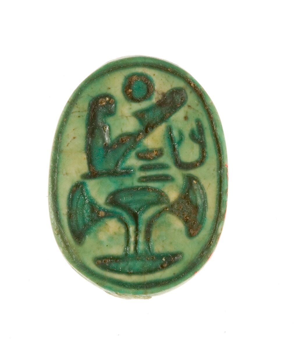 Scarab Inscribed Lord of the Two Lands Maatkare Above a Papyrus Thicket, Steatite (glazed) 