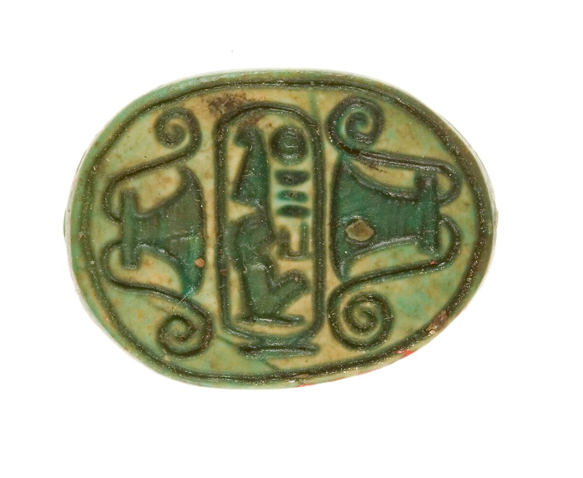 Scarab Inscribed Lord of the Two Lands, Maatkare (Hatshepsut) Flanked by Lotus Flowers, Steatite (glazed) 