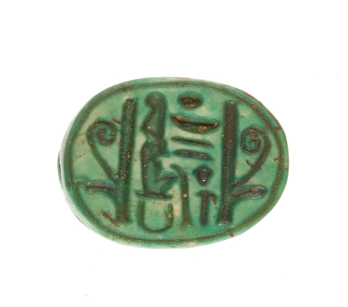 Scarab Inscribed Lord of the Two Lands Maatkare, Living, Flanked by Two Red Crowns, Steatite (glazed) 