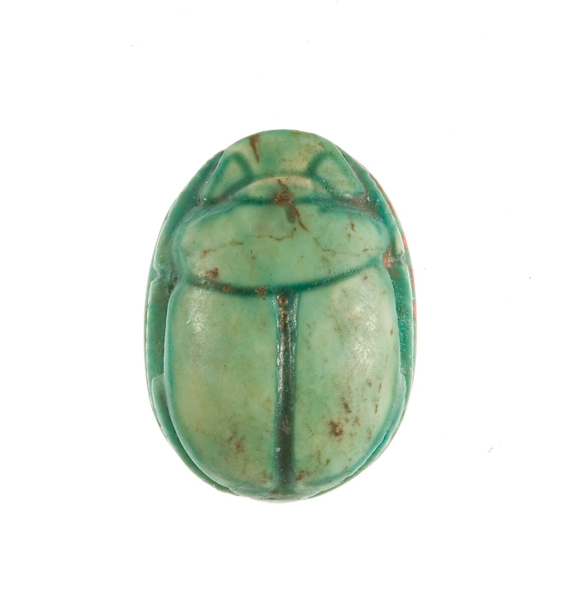 Scarab Inscribed Lord of the Two Lands Maatkare, Living, Flanked by Two Red Crowns, Steatite (glazed)
