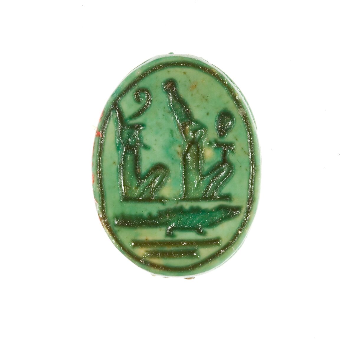 Scarab Inscribed King of Upper and Lower Egypt, Sobek Crocodile, Steatite (glazed) 