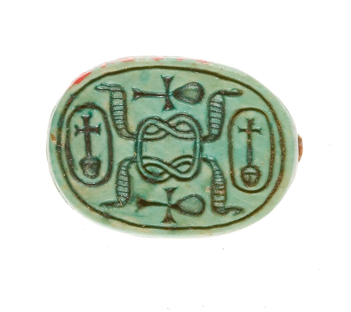 Scarab Inscribed with a Hieroglyphic Motif, Steatite (glazed) 