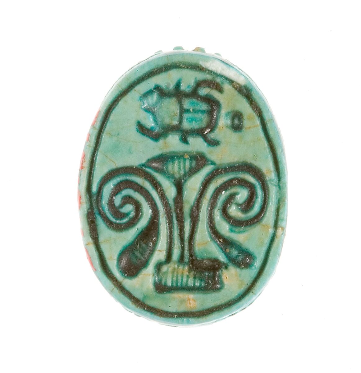 Scarab Inscribed with a Hieroglyphic Motif, Steatite (glazed) 