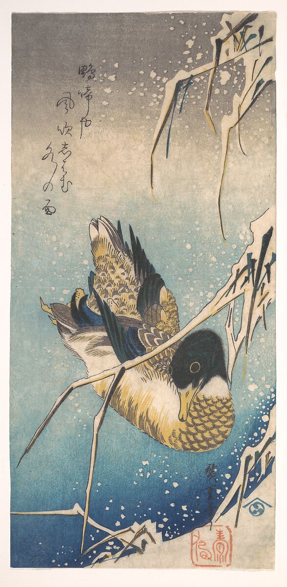 Mallard and Snow-covered Reeds, Utagawa Hiroshige (Japanese, Tokyo (Edo) 1797–1858 Tokyo (Edo)), Woodblock print; ink and color on paper, Japan 