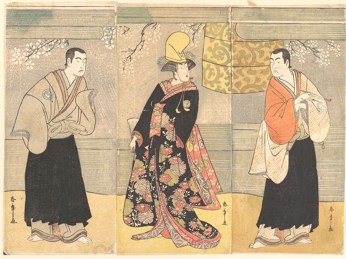 Drama of Hikeyahike Kanhiki Dojoji, Katsukawa Shunshō　勝川春章 (Japanese, 1726–1792), Triptych of woodblock prints (nishiki-e); ink and color on paper, Japan 