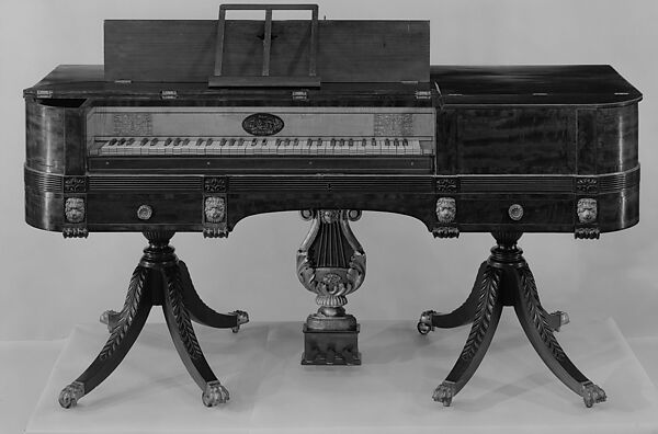 Pianoforte, Works attributed to John Geib Jr., Mahogany, mahogany and rosewood veneers, satinwood, ivory, gilded gesso, brass with white pine, maple, ash, American 