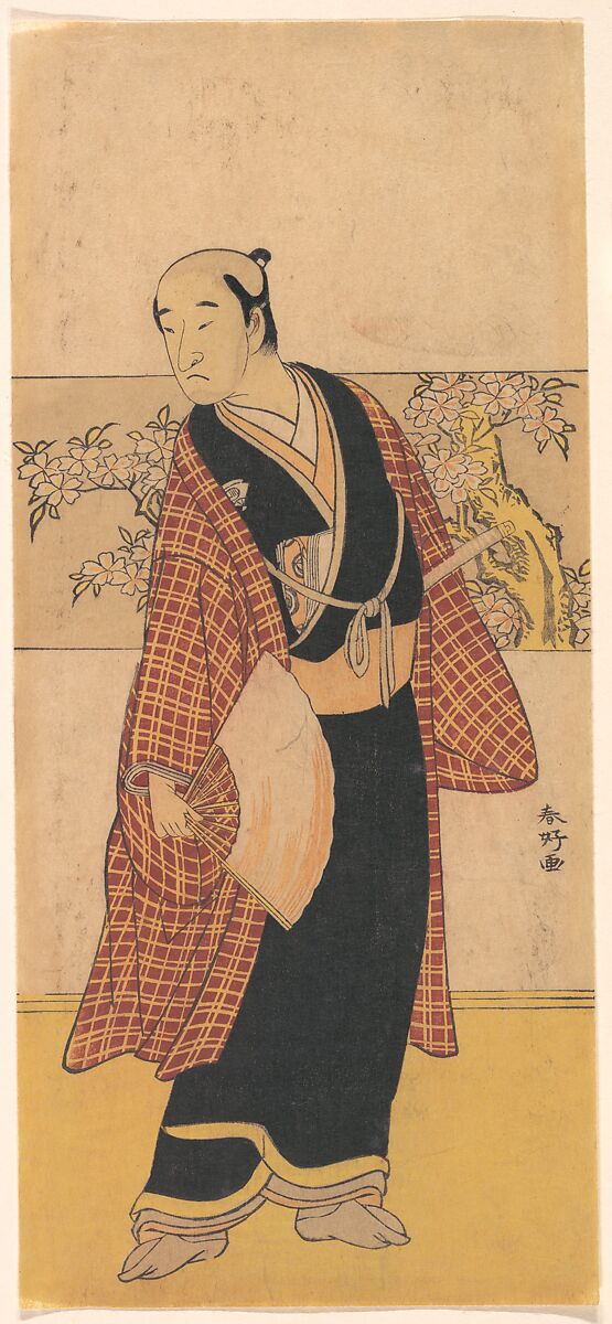 An Unidentified Actor Stands with an Open Fan in His Hand, Katsukawa Shunkō (Japanese, 1743–1812), Woodblock print; ink and color on paper, Japan 