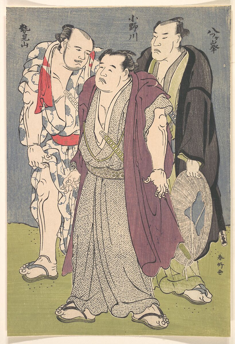 Three Sumō Wrestlers: Onogawa, Seimiyama, and Yatsugamine, Katsukawa Shunkō (Japanese, 1743–1812), Woodblock print; ink and color on paper, Japan 