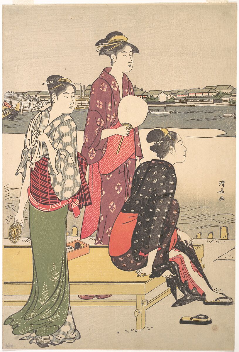 Evening on the Banks of the Sumida River, Torii Kiyonaga (Japanese, 1752–1815), Diptych of woodblock prints; ink and color on paper, Japan 