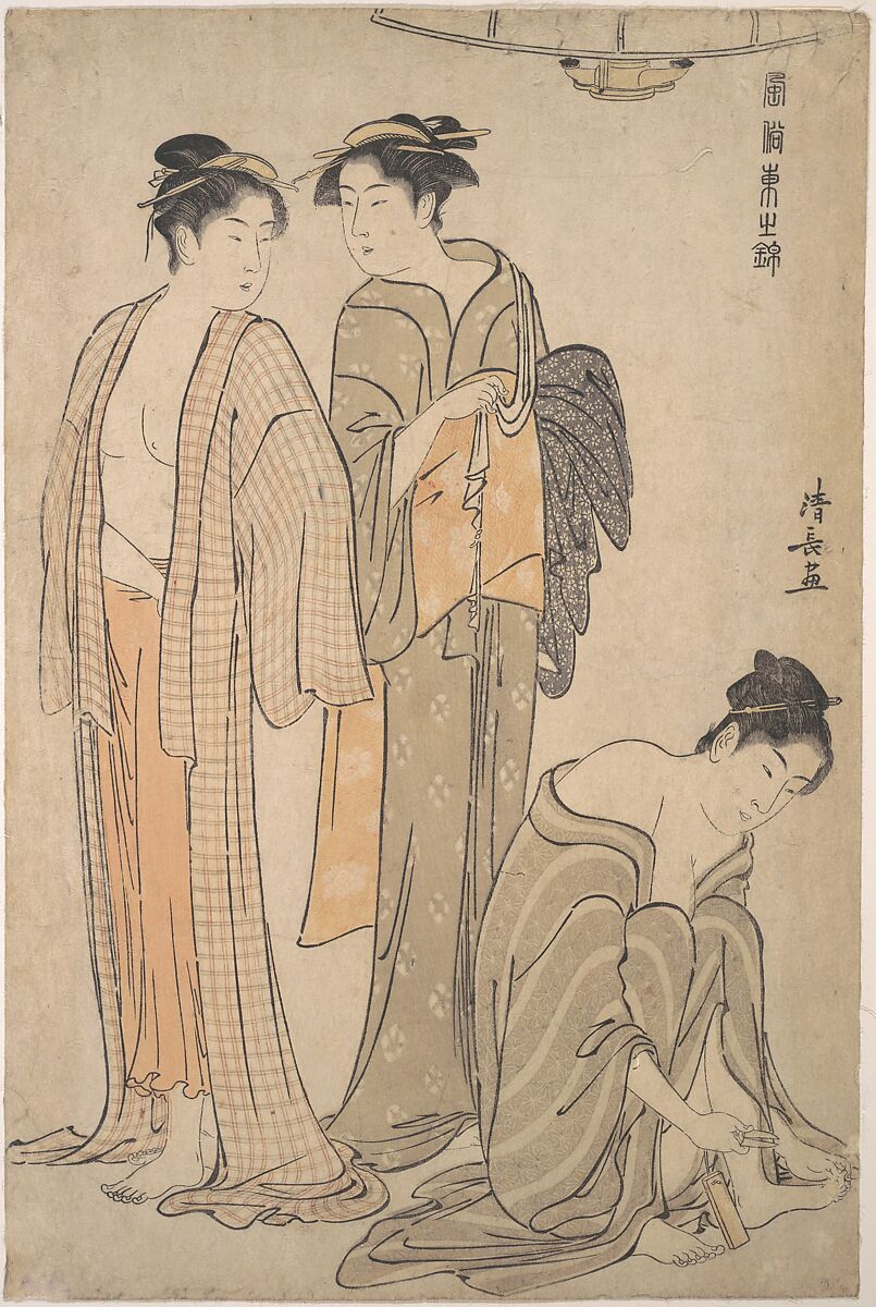 Cutting the Toenails; the Toilet after the Bath, Torii Kiyonaga (Japanese, 1752–1815), Woodblock print; ink and color on paper, Japan 