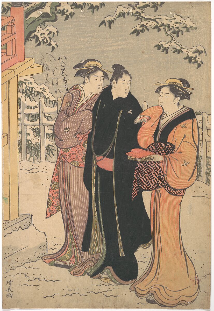 Man in a Black Haori (Coat) and Two Women Approaching a Temple, Torii Kiyonaga (Japanese, 1752–1815), Woodblock print; ink and color on paper, Japan 
