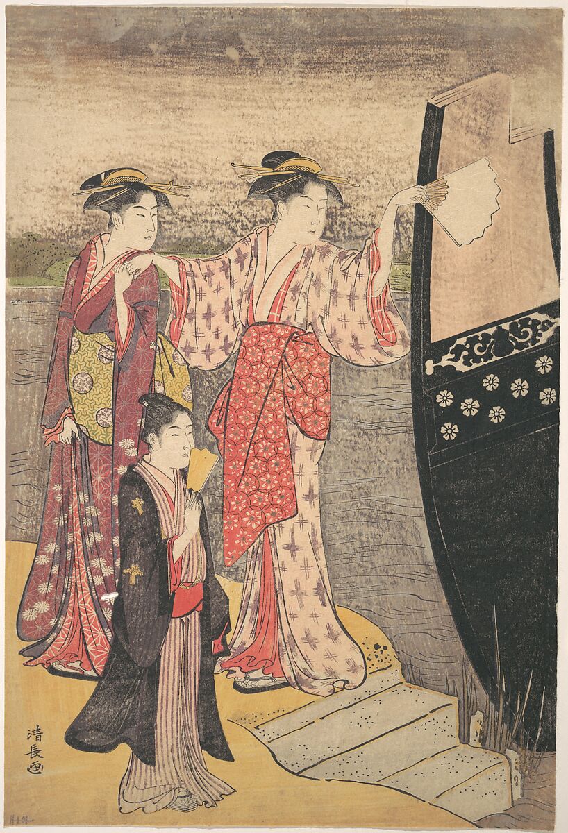 Disembarking from a Pleasure Boat on the Sumida River, Torii Kiyonaga (Japanese, 1752–1815), Woodblock print; ink and color on paper, Japan 