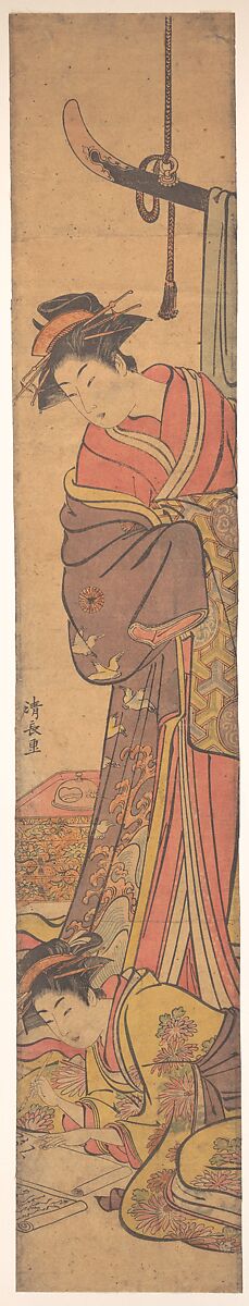 Young Woman Looking over Shoulder of Another who is Writing a Letter, Torii Kiyonaga (Japanese, 1752–1815), Woodblock print; ink and color on paper, Japan 
