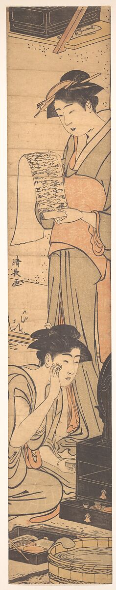 A Lady Reading a Letter; AnotHer Making Her Toilet Before a Mirror, Torii Kiyonaga (Japanese, 1752–1815), Woodblock print; ink and color on paper, Japan 