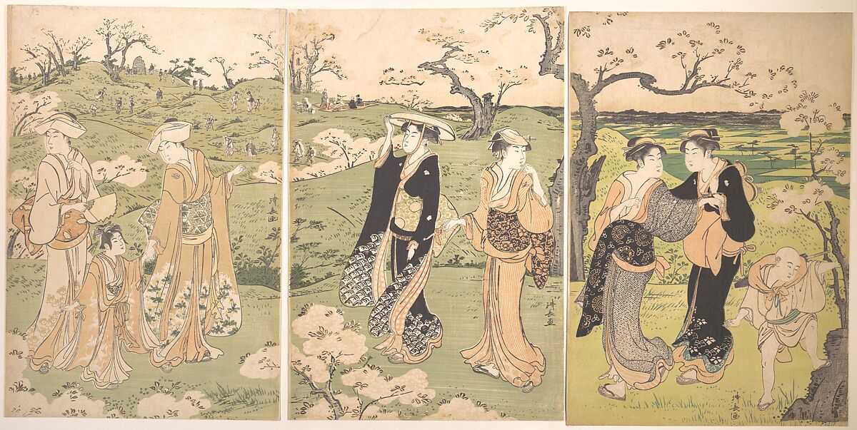 Young Ladies Viewing Cherry–blossoms at Asukayama, Torii Kiyonaga (Japanese, 1752–1815), Triptych of woodblock prints; ink and color on paper, Japan 