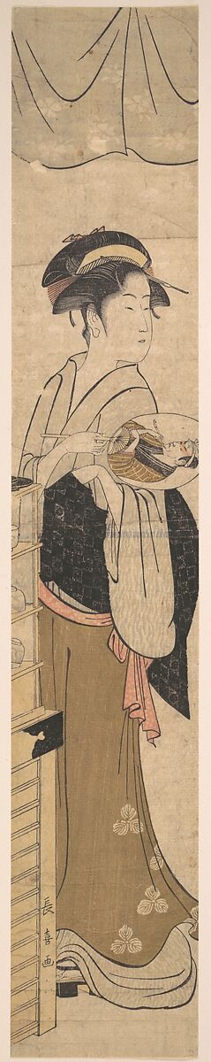 Young Lady with Fan, Eishōsai Chōki (Japanese, active late 18th–early 19th century), Woodblock print; ink and color on paper, Japan 
