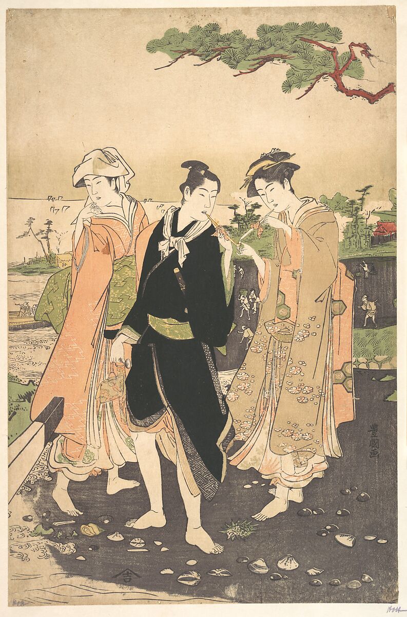 Along the Seashore at Futami, Utagawa Toyokuni I (Japanese, 1769–1825), Middle sheet of a triptych of woodblock prints; ink and color on paper, Japan 