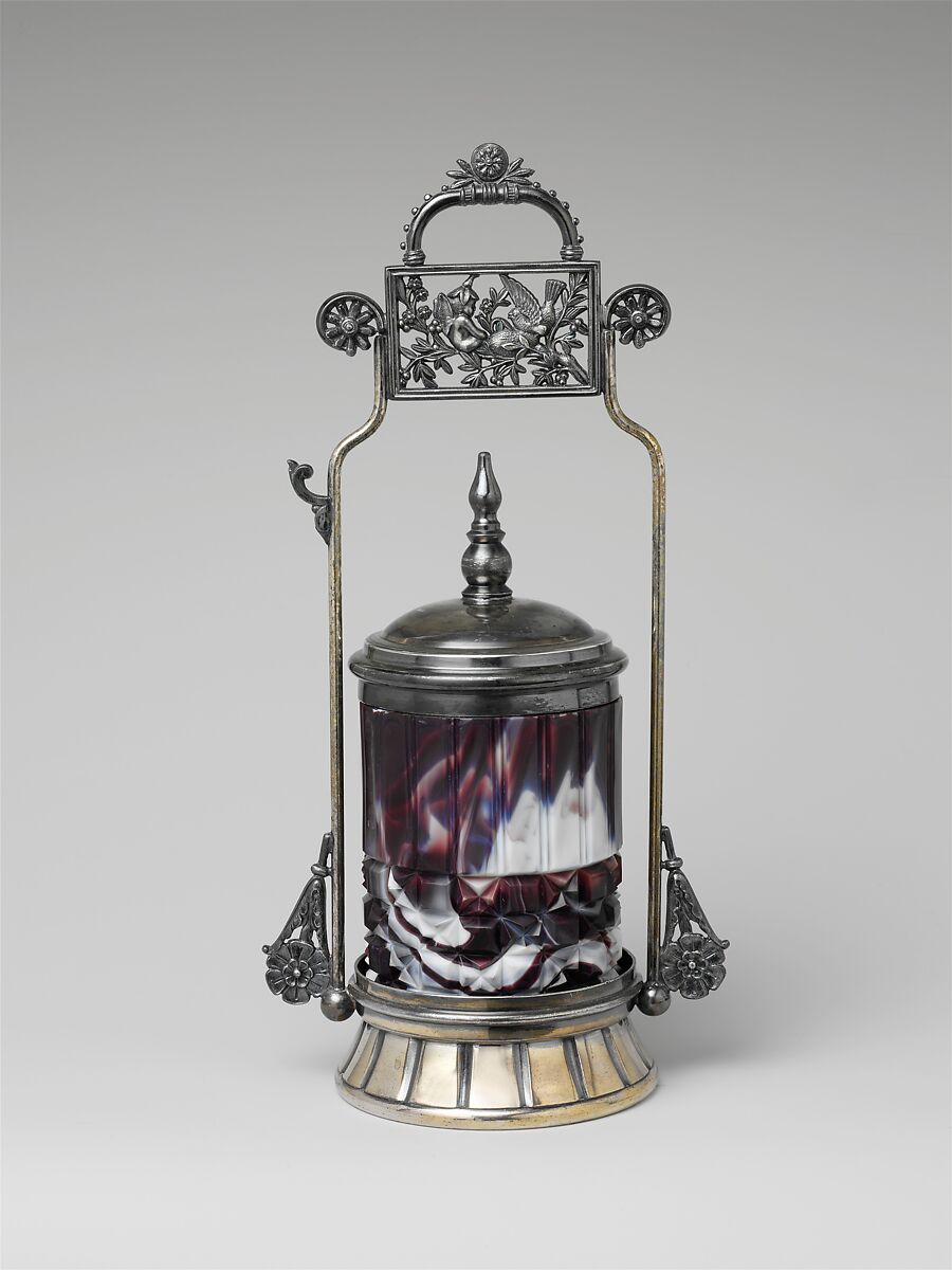 Pickle jar, Challinor, Taylor and Company (1866–1891), Pressed purple marble glass, metal, American