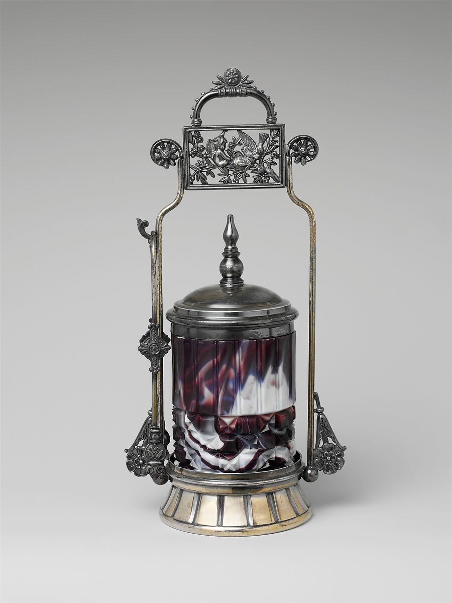 Pickle jar, Challinor, Taylor and Company (1866–1891), Pressed purple marble glass, metal, American 