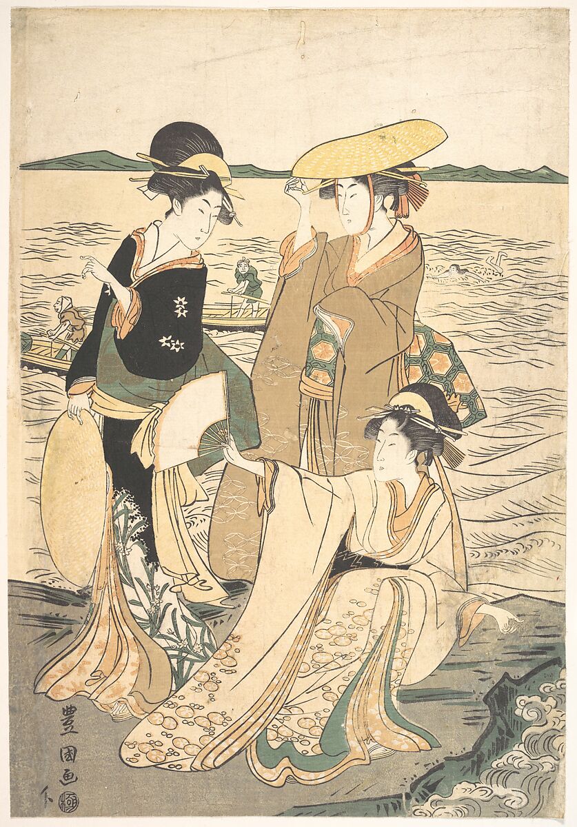 Three Young Ladies by the Seashore, Utagawa Toyokuni I (Japanese, 1769–1825), Woodblock print; ink and color on paper, Japan 