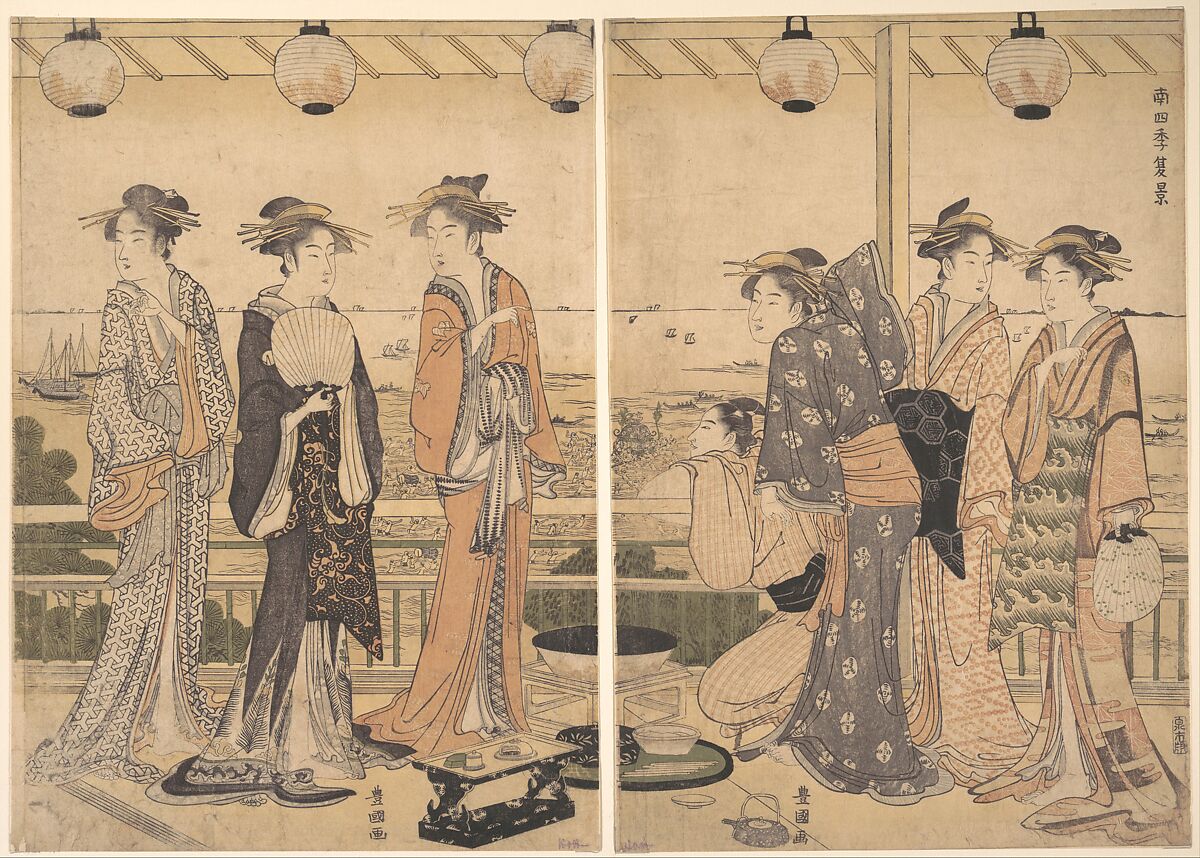 The Four Seasons in Southern Edo: A Summer Scene (Minami shiki;  Natsu [no] kei), Utagawa Toyokuni I  Japanese, Right and center sheet of a triptych of woodblock prints; ink and color on paper, Japan