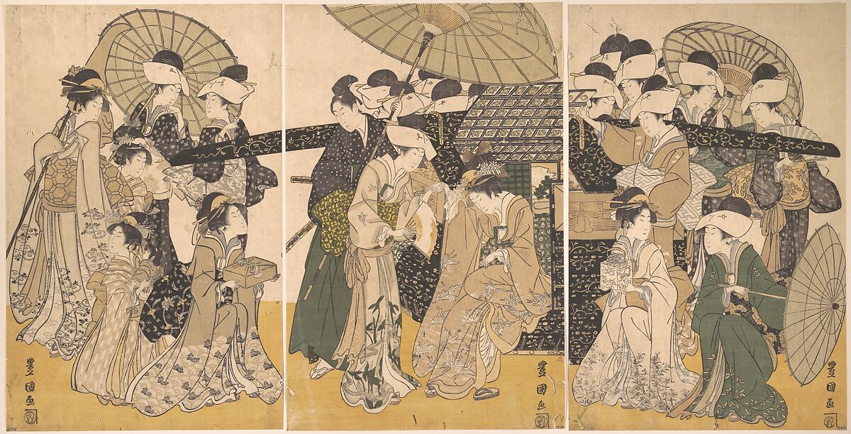 Famous Beauty Escorted by Women of Different Rank, Utagawa Toyokuni I (Japanese, 1769–1825), Triptych of woodblock prints; ink and color on paper, Japan 