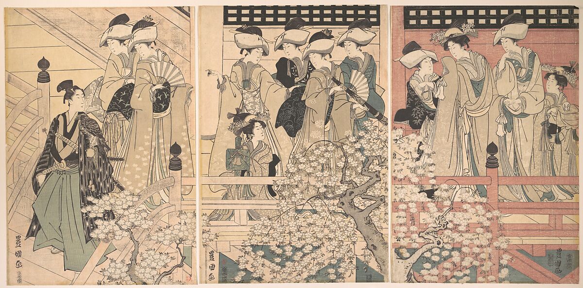 Beauties on a Veranda among Cherry Blossoms from which a Samurai is Departing, Utagawa Toyokuni I (Japanese, 1769–1825), Triptych of woodblock prints; ink and color on paper, Japan 