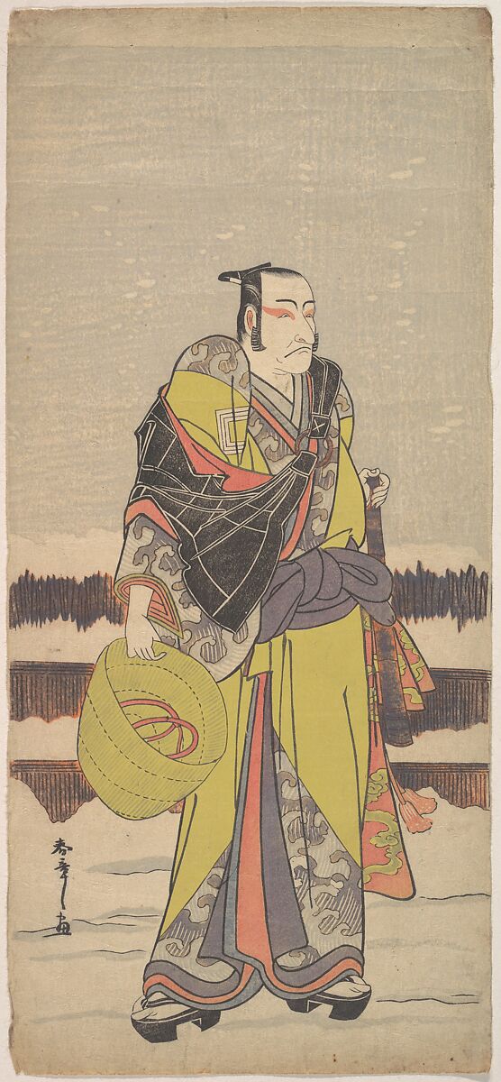 Danjurō V as Kakogawa Honzō with a Komuso Hat and a Flageolet, Katsukawa Shunshō　勝川春章 (Japanese, 1726–1792), Woodblock print (nishiki-e); ink and color on paper, Japan 