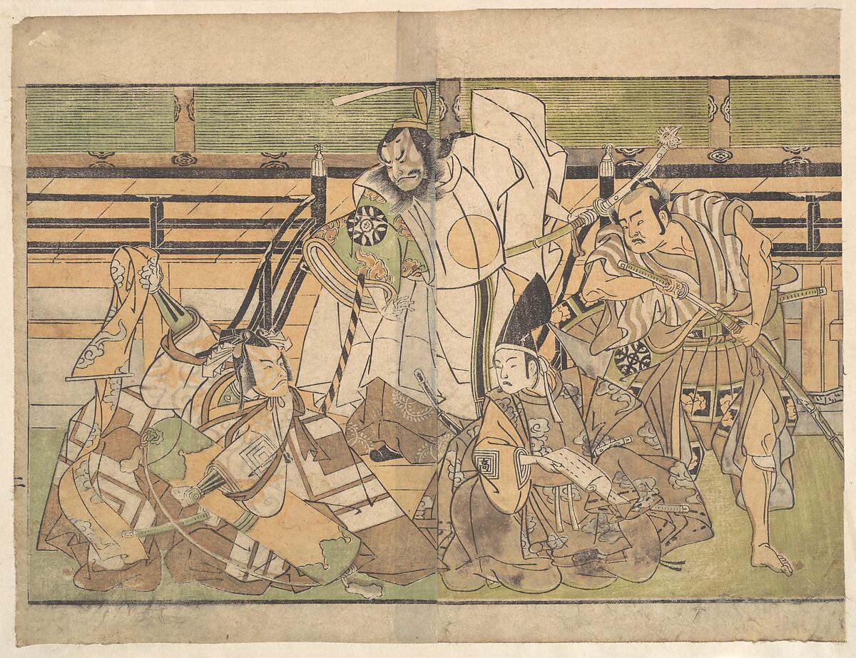 Four Actors in Unidentified Roles, Katsukawa Shunshō　勝川春章 (Japanese, 1726–1792), Woodblock print (nishiki-e); ink and color on paper, Japan 
