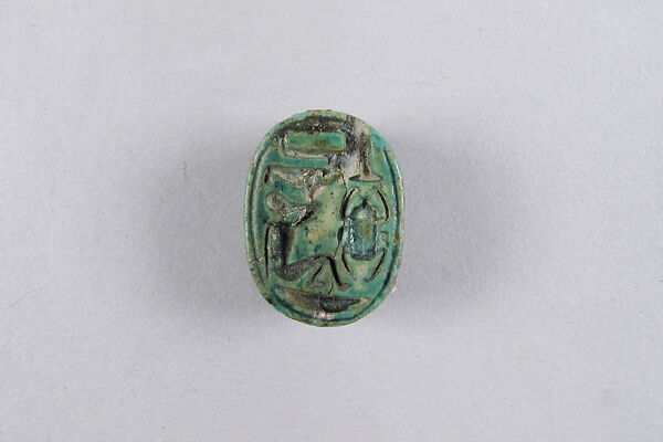 Scarab Inscribed with a Wish to Have Children, Green glazed steatite 