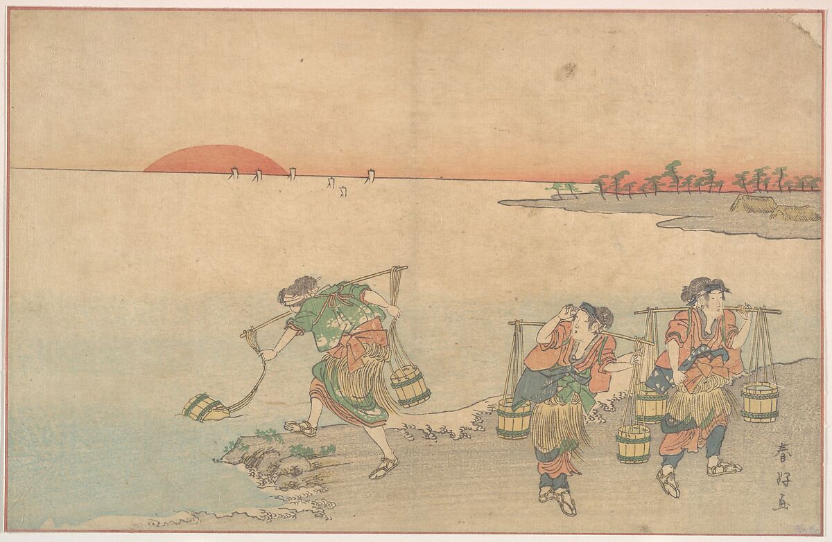 Three Water Carriers at the Shore, Katsukawa Shunkō (Japanese, 1743–1812), Woodblock print; ink and color on paper, Japan 