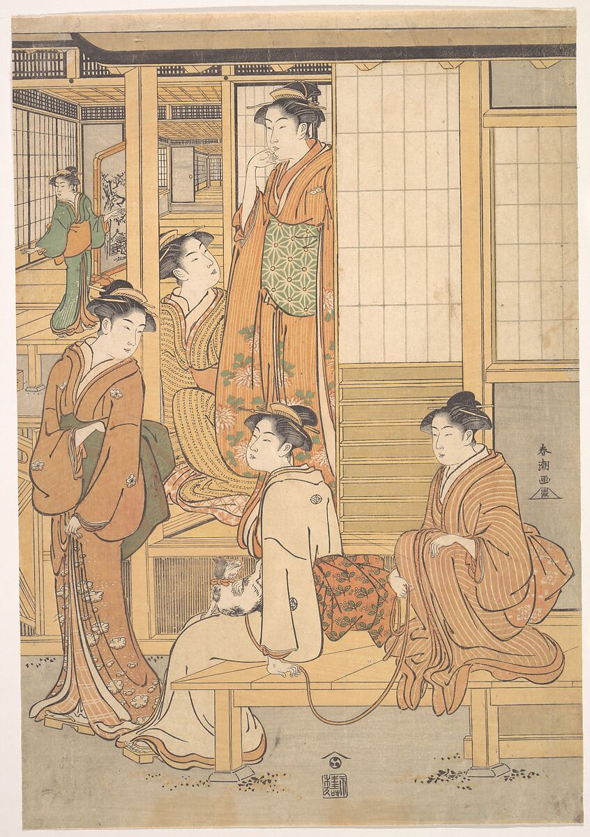 Group of Young Women on the Veranda of a Tea House, Katsukawa Shunchō (Japanese, active ca. 1783–95), Woodblock print; ink and color on paper, Japan 