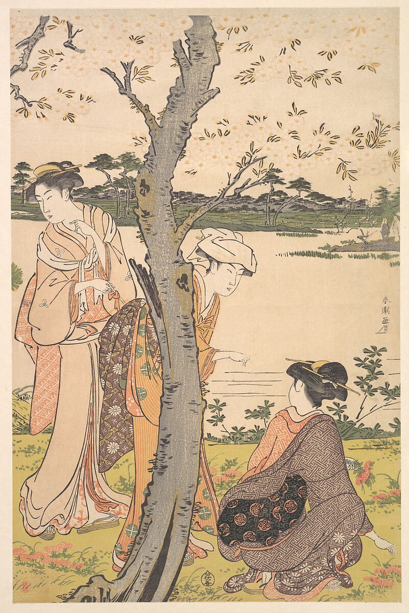 Gathering Young Flowers, Katsukawa Shunchō (Japanese, active ca. 1783–95), Middle sheet of a triptych of woodblock prints; ink and color on paper, Japan 
