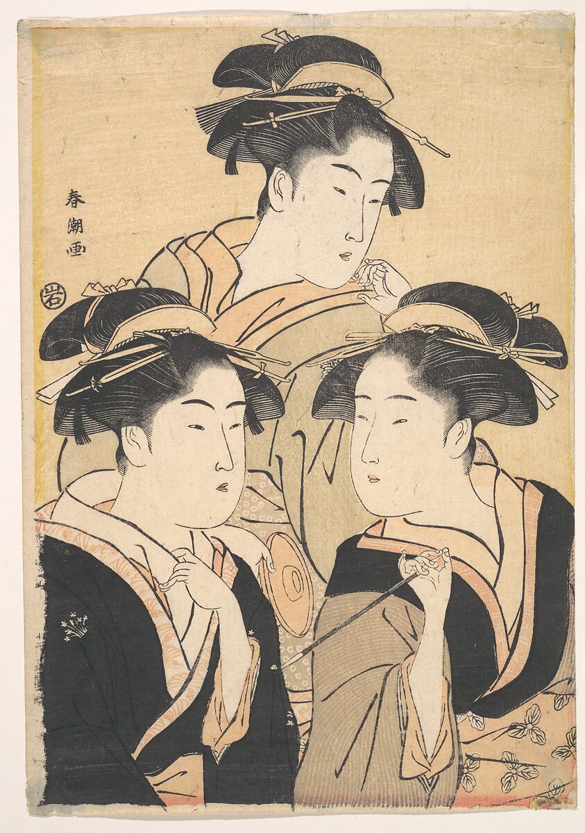 Three Beauties, Katsukawa Shunchō (Japanese, active ca. 1783–95), Woodblock print; ink and color on paper, Japan 