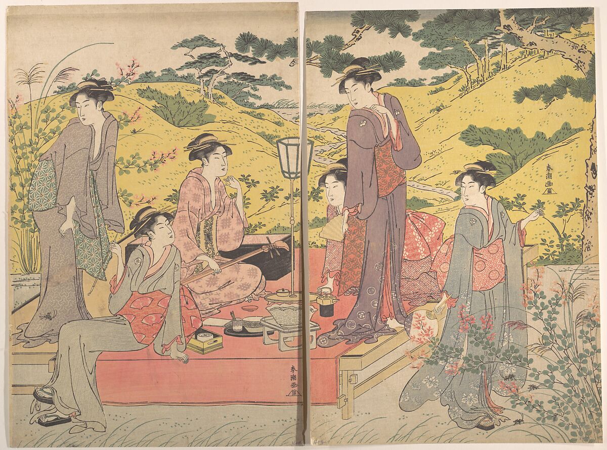 A Picnic Party at Hagidera, Katsukawa Shunchō (Japanese, active ca. 1783–95), Diptych of woodblock prints; ink and color on paper, Japan 