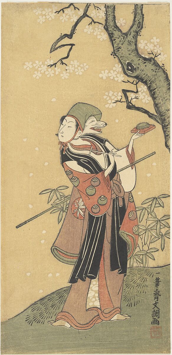 A Fox Dance from the Drama The Thousand Cherry Trees, Ippitsusai Bunchō (Japanese, active ca. 1765–1792), Woodblock print; ink and color on paper, Japan 