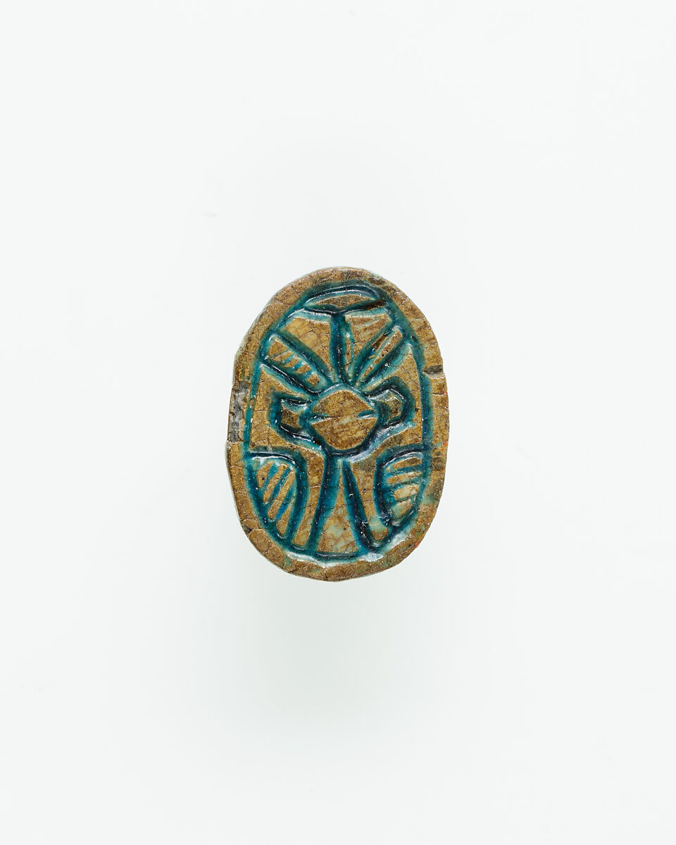Scarab with Hathor-like Canaanite Goddess, Green glazed steatite 