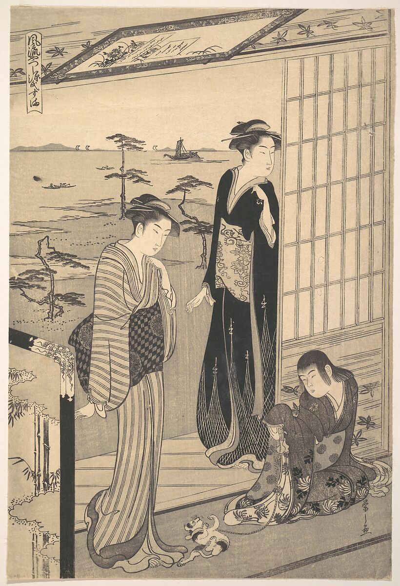 Genji in Exile at Suma, from the series Genji in Fashionable Modern Guise (Fūryū yatsushi Genji: Suma), Chōbunsai Eishi (Japanese, 1756–1829), Left sheet of a triptych of woodblocks; ink and color on paper, Japan 