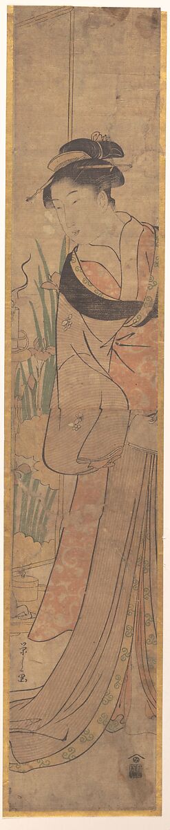 Young Lady and Iris Garden, Chōbunsai Eishi (Japanese, 1756–1829), Woodblock print; ink and color on paper, Japan 