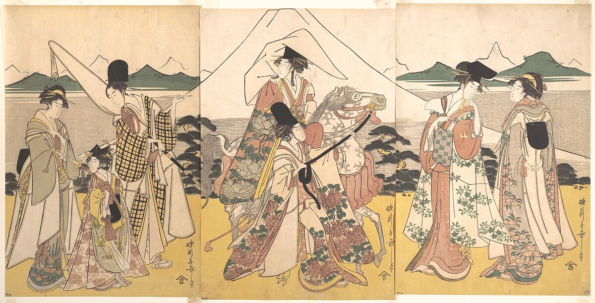 Narihira's Journey to the East, Rekisentei Eiri (Japanese, active ca. 1789–1801), Triptych of woodblock prints; ink and color on paper, Japan 