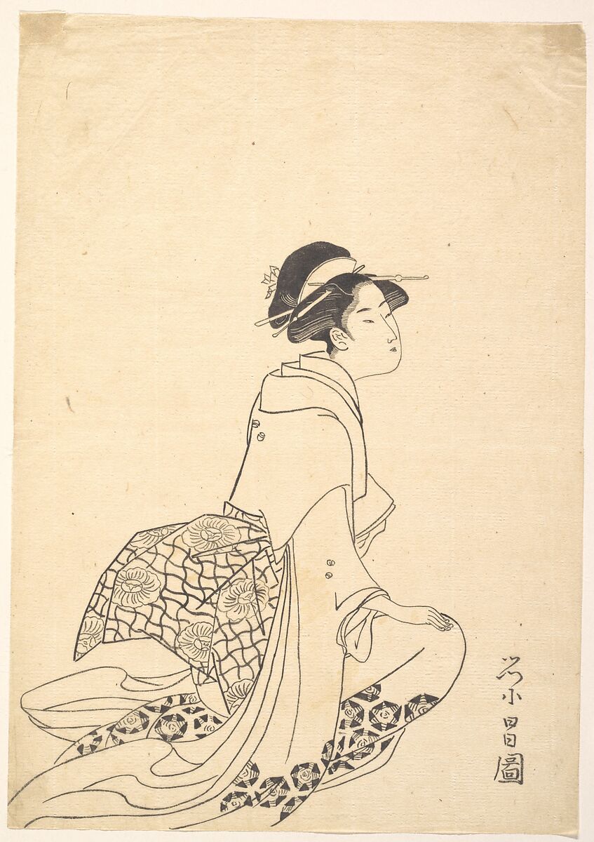 A Woman Kneeling, Chōkōsai Eishō (Japanese, 1793–99), Monochrome woodblock print; ink on paper, Japan 