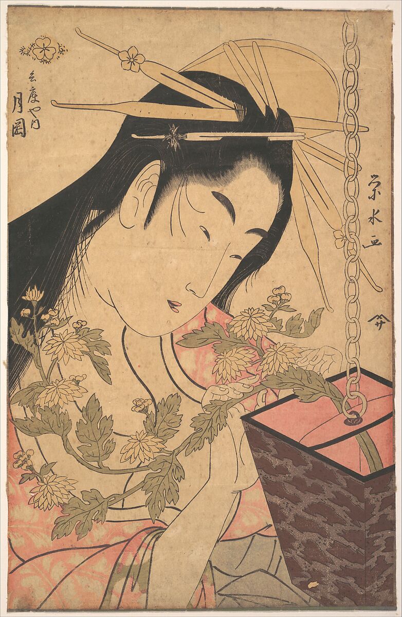 The Courtesan Tsukioka of Hyōgoya, Ichirakutei Eisui (Japanese, active ca. 1793–1801), Woodblock print; ink and color on paper, Japan 