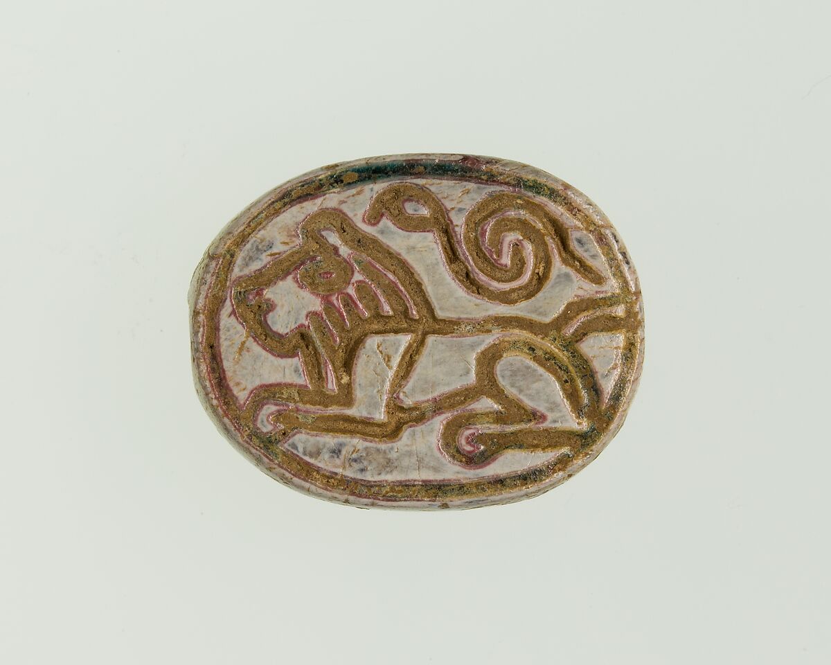 Scarab Base with Incised Lion and Cobra, Green glazed steatite 