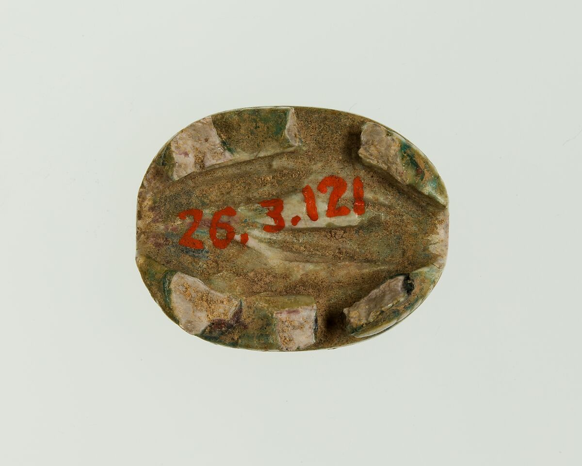 Scarab Base with Incised Lion and Cobra, Green glazed steatite