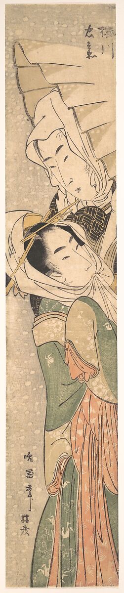 Girl and Lover in Snow, Koikawa Harumasa (Japanese, active 1800–1820), Woodblock print; ink and color on paper, Japan 