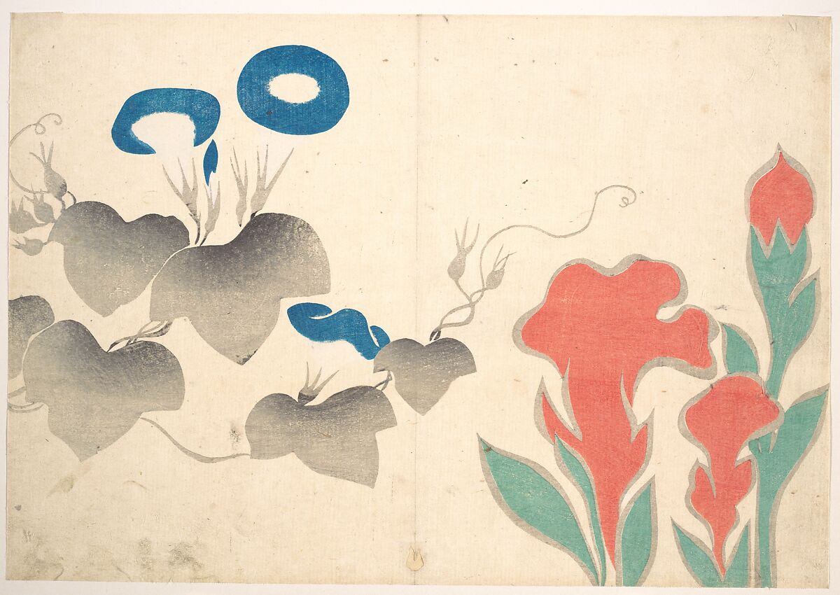 Design of Morning–glory and Other Flowers, Ogata Kōrin (Japanese, 1658–1716), Woodblock print (album leaf); ink and color on paper, Japan 