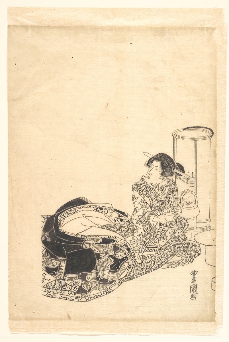 Courtesan or Actor as Courtesan Pouring Tea by the Light of a Lantern, Utagawa Toyokuni I (Japanese, 1769–1825), Monochrome woodblock print; ink on paper, Japan 