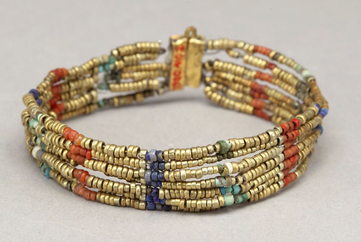 Beaded Armlet, Gold, carnelian, lapis lazuli, blue and green glass, faience on bronze or copper wire