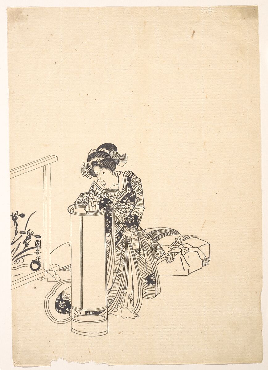 Young Woman Leaning over a Tall Lamp, Utagawa Kuniyasu (Japanese, 1794–1834), Monochrome woodblock print; ink on paper, Japan 